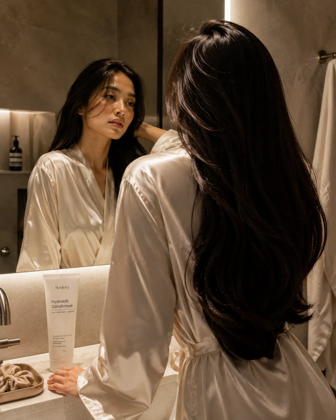 Long, glossy hair after using HydraSilk Condimask